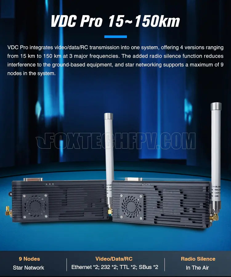 Foxtech VDC Pro 15KM 30KM 48KM 150KM 800MHZ 1.4GHZ 1.5GHZ OFDM Video/Data/RC Wireless Transmission System 8 the added radio silence function reduces interference to the ground-based equipment . star networking supports