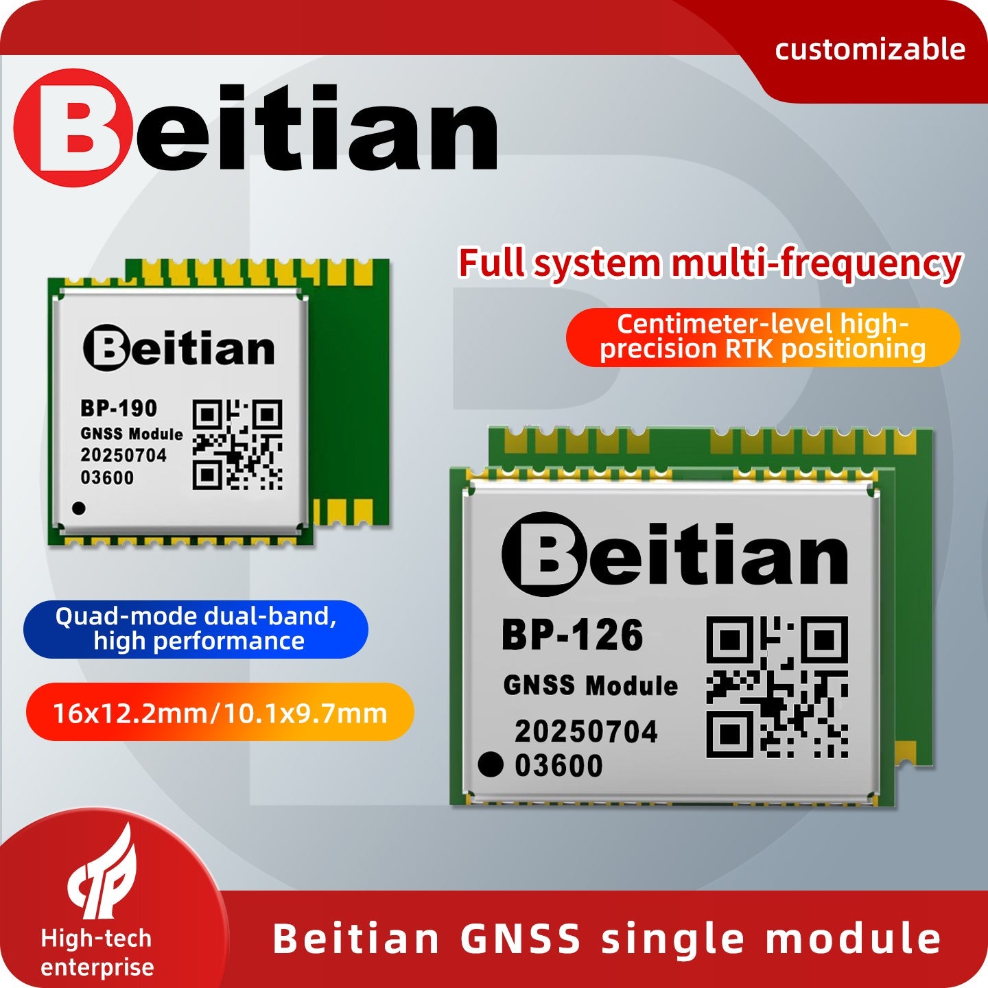 Beitian GNSS single module graphic showing BP-126 and BP-190 size comparison and multi-frequency positioning
