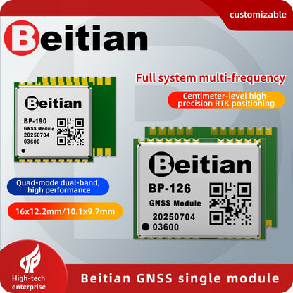 Beitian GNSS single module graphic showing BP-126 and BP-190 size comparison and multi-frequency positioning