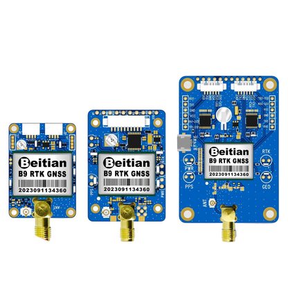 Beitian BT-F9P RTK GNSS module lineup with SMA antenna connectors, three board sizes