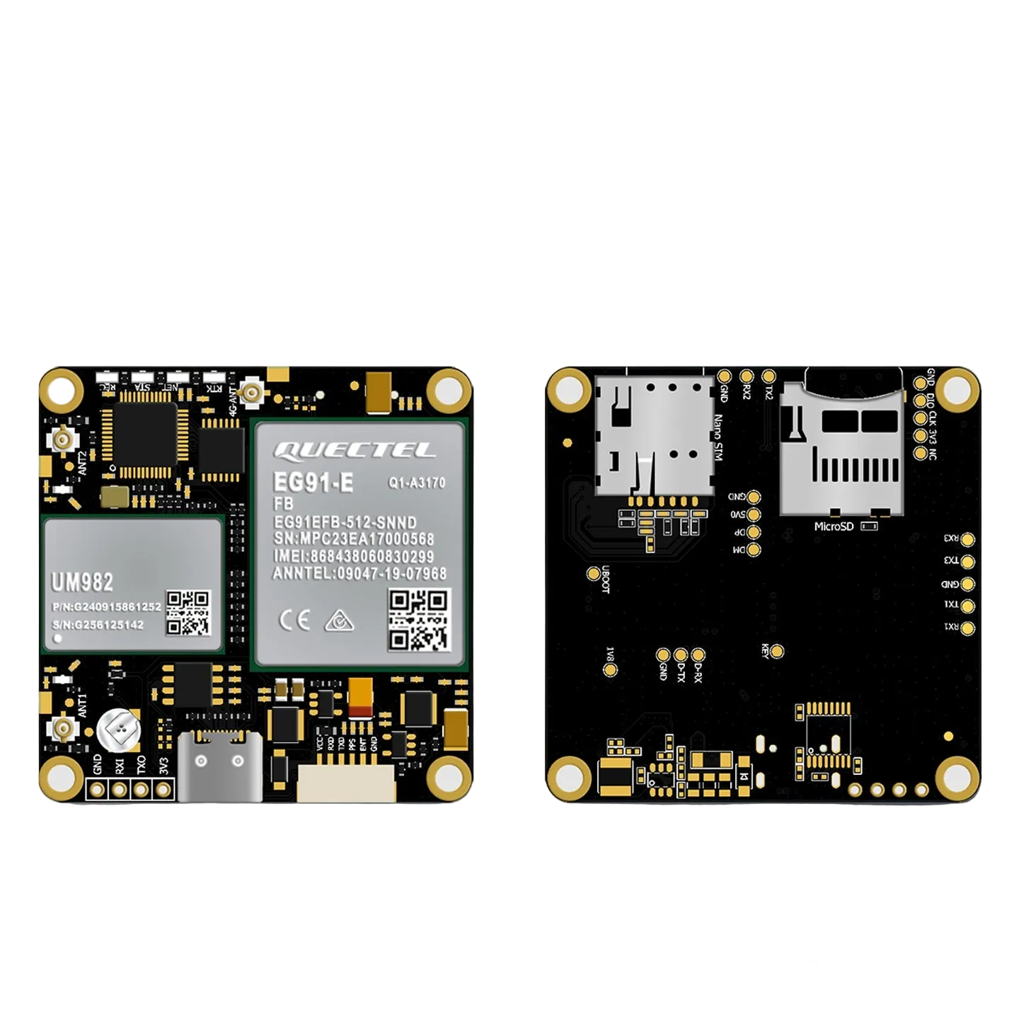 Beitian BG-550 4G RTK GNSS board UM982, front and back view with SIM and MicroSD slots