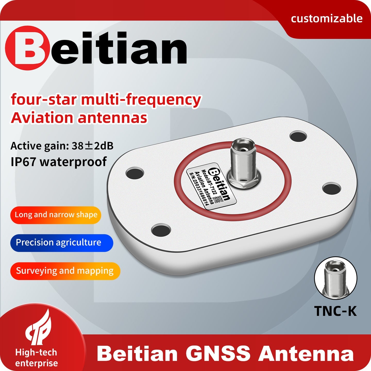 Beitian GNSS antenna promo graphic showing IP67 waterproof rating, active gain 38±2 dB, and TNC-K connector