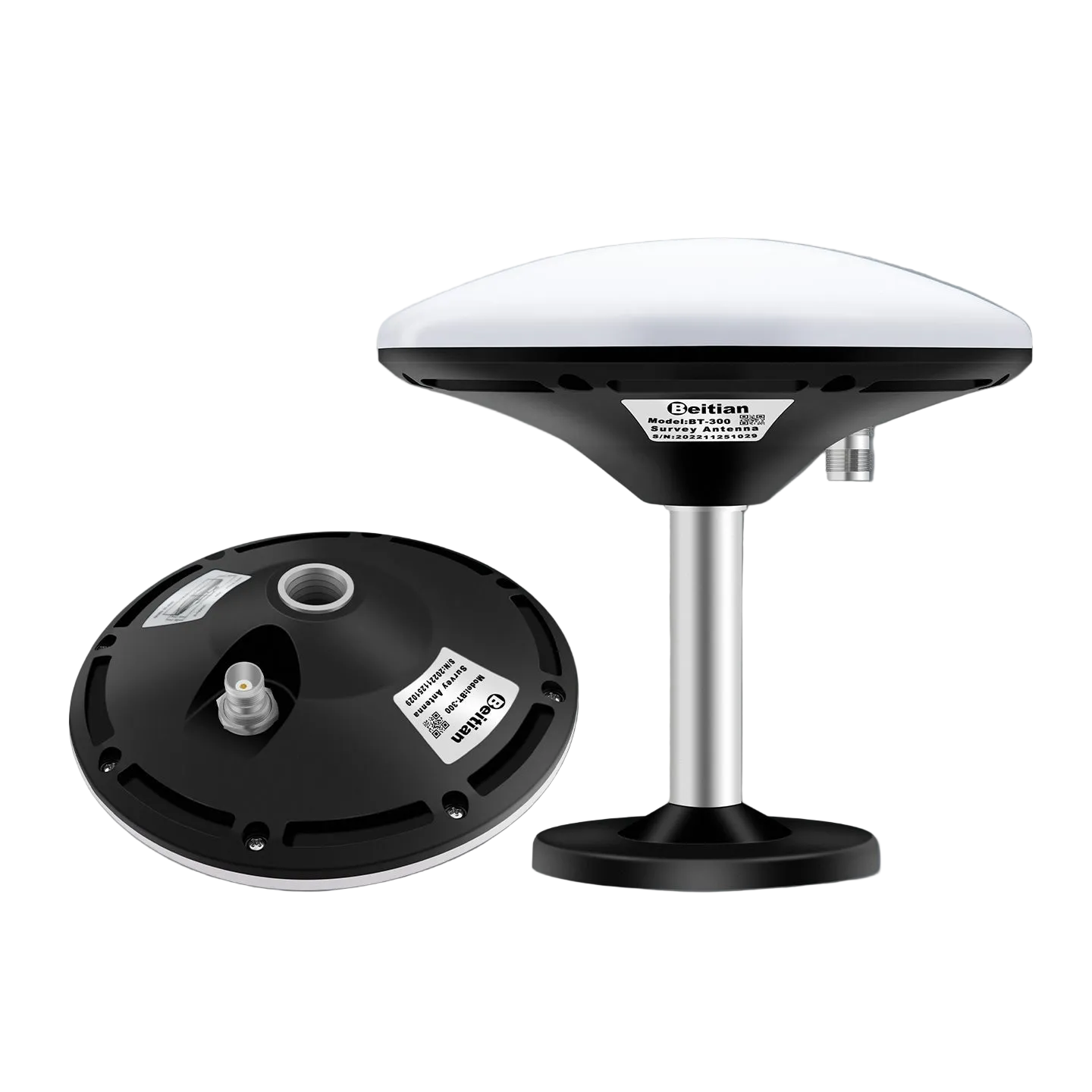 Beitian BT-300S RTK GNSS Antenna with mounting pole base, plus underside connector view