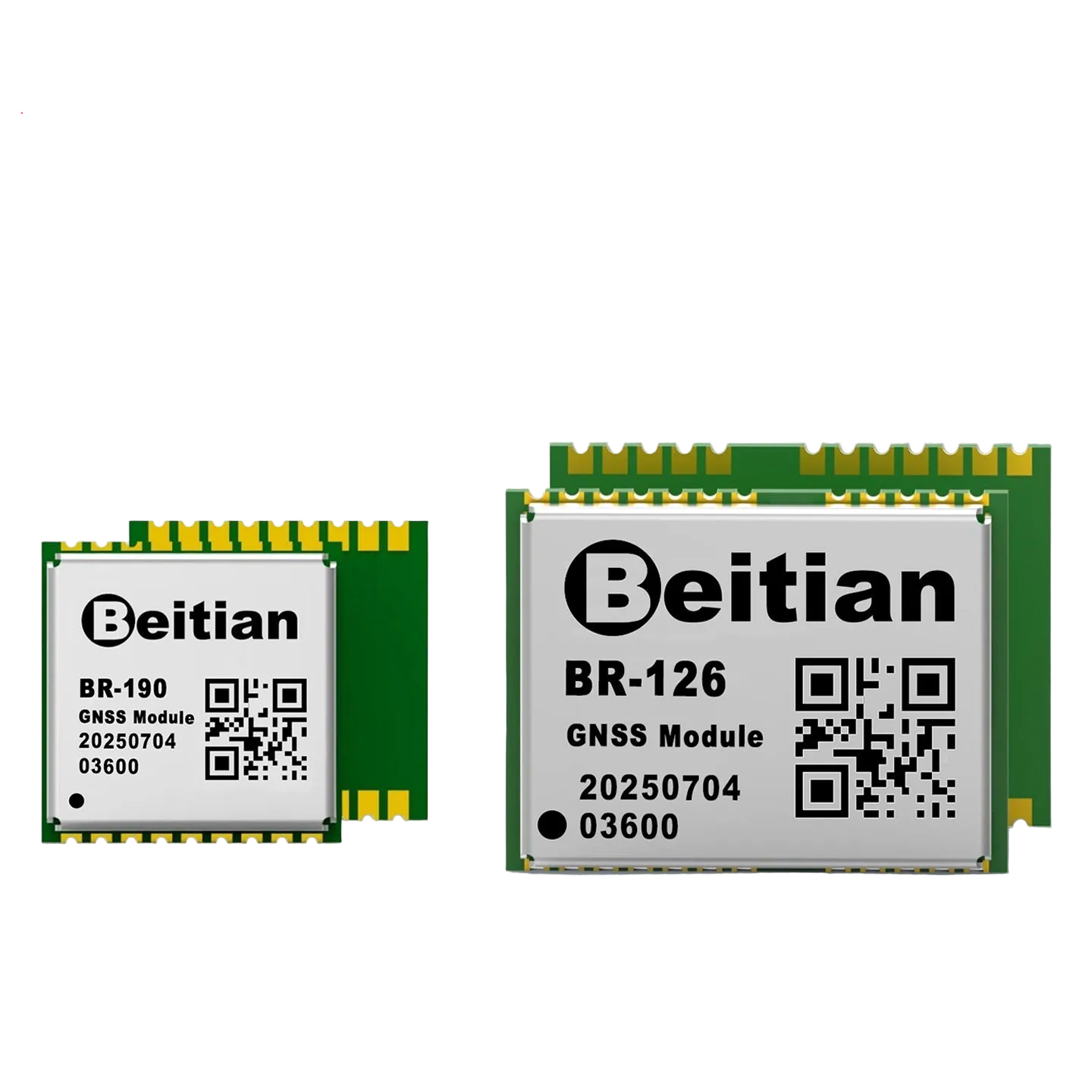 Beitian BR-126 RTK GNSS module PCB with shielding can and solder pads, shown alongside smaller BR-190