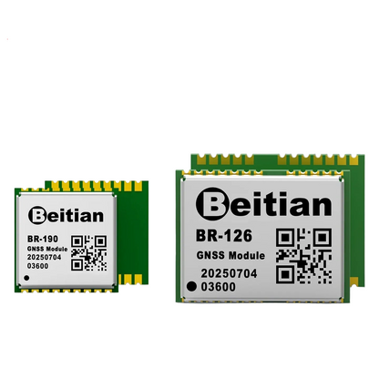 Beitian BR-126 RTK GNSS module PCB with shielding can and solder pads, shown alongside smaller BR-190