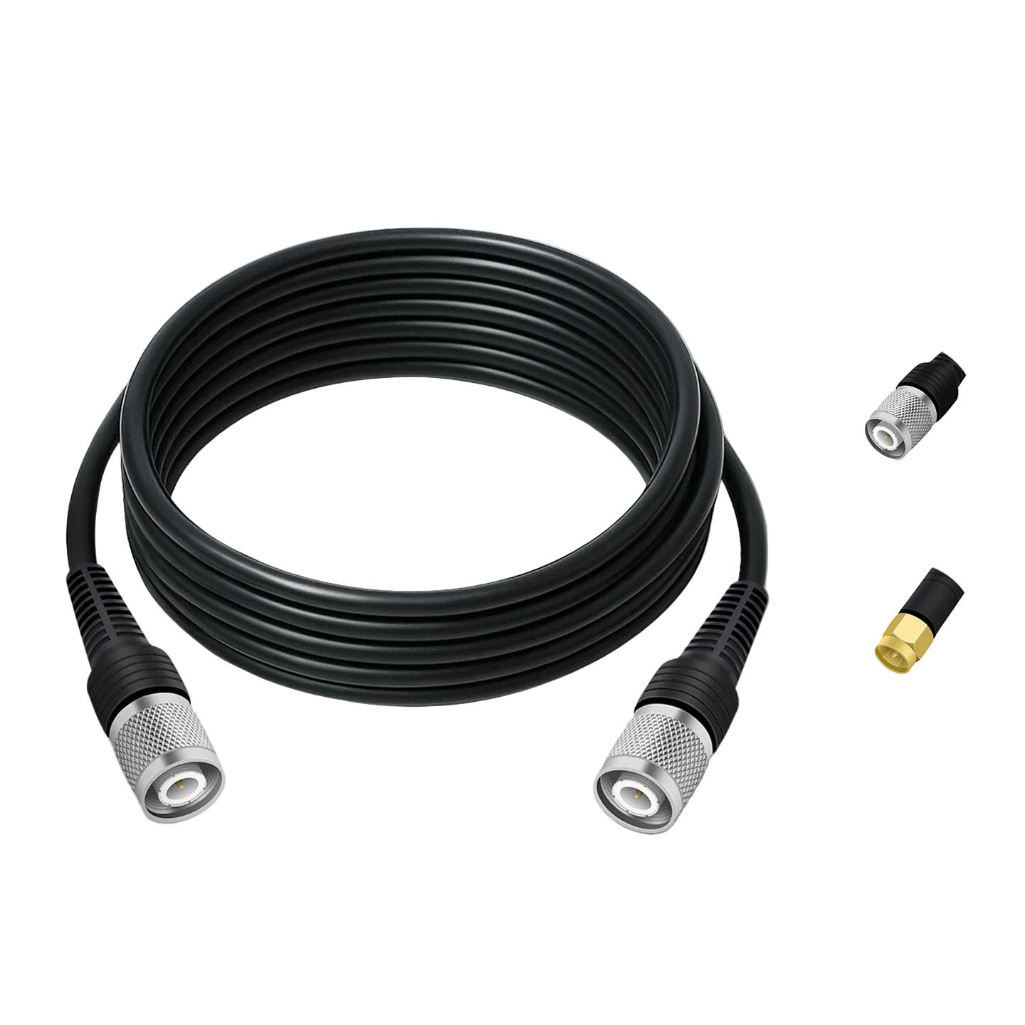Beitian SYV50-3 50Ω RF coaxial cable, coiled lead with threaded TNC male connectors; TNC/SMA shown