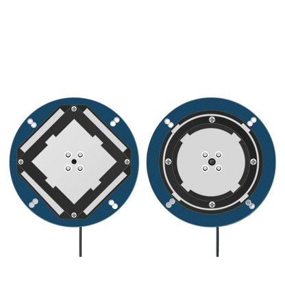RTK GNSS antenna top and underside views on round PCB base, centered feed point and cable exit