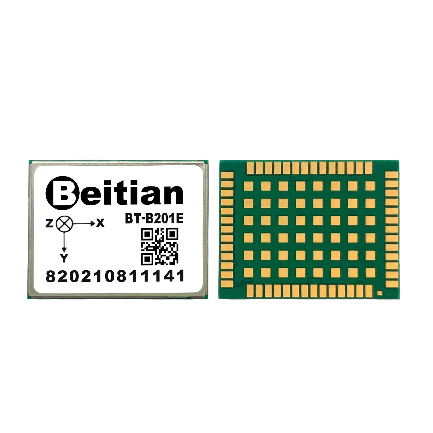 Beitian BT-B201E GNSS+INS RTK module, top label and bottom BGA pad layout