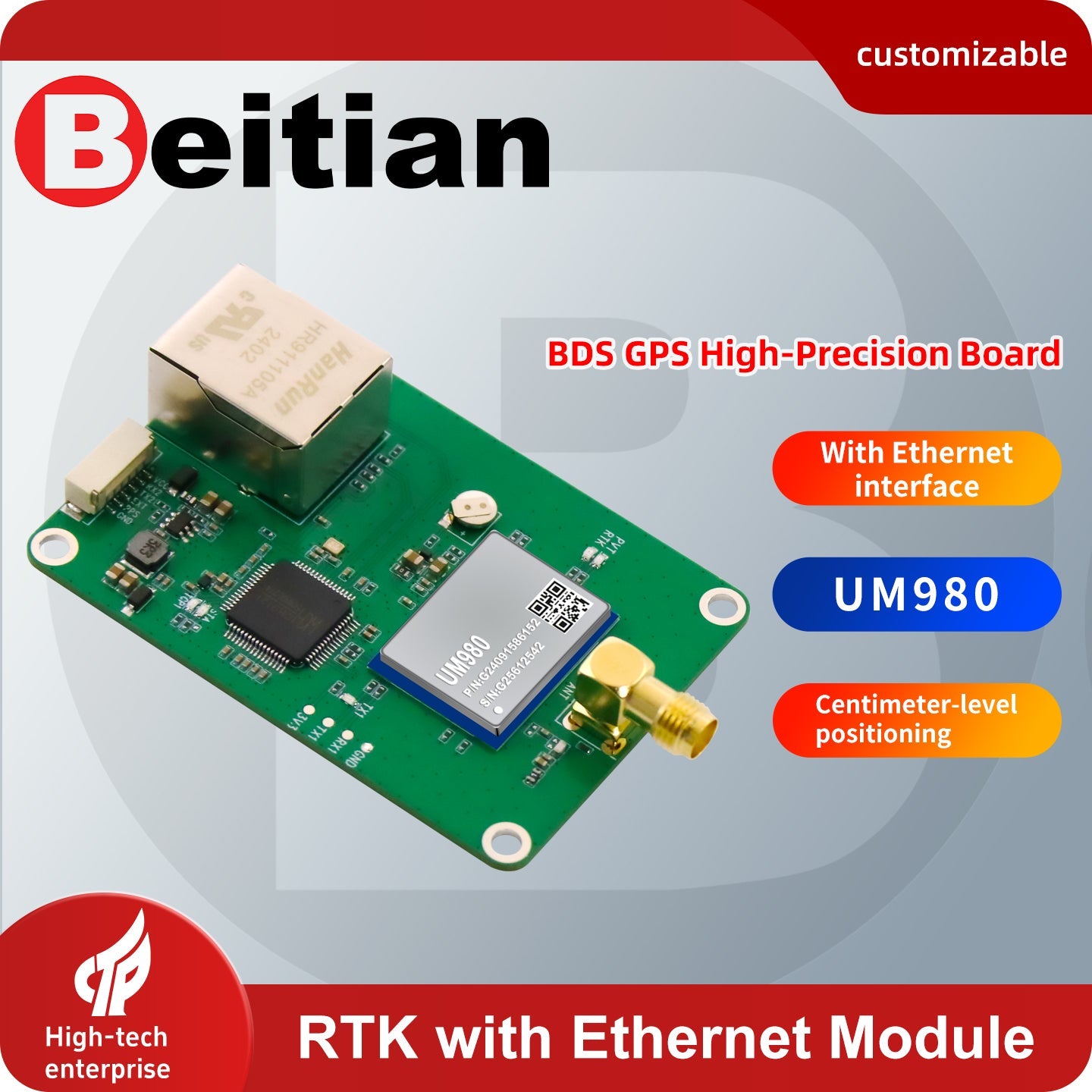 Beitian BT-M422 RTK GNSS Ethernet module promotional graphic showing UM980 chip and board layout