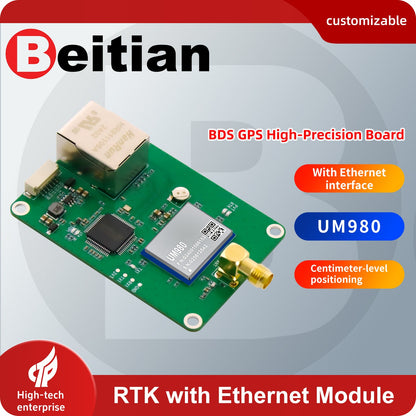 Beitian BT-M422 RTK GNSS Ethernet module promotional graphic showing UM980 chip and board layout