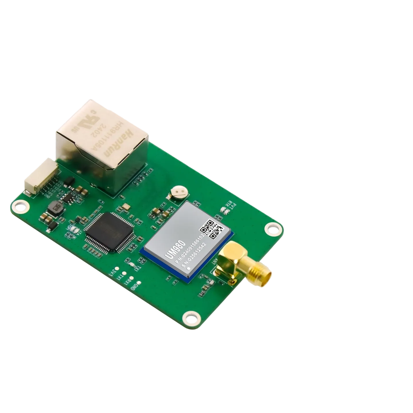 Beitian BT-M422 RTK GNSS module board with Ethernet jack, UART header, and SMA antenna connector