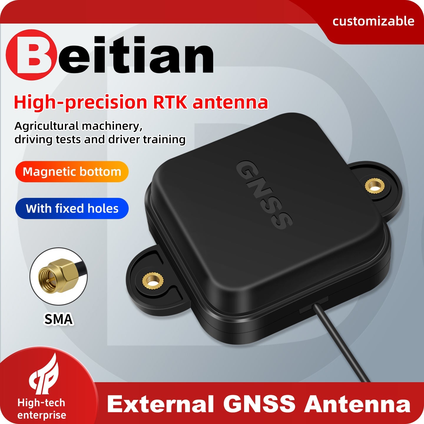 Beitian external GNSS antenna feature graphic showing magnetic bottom, mounting holes, and SMA connector