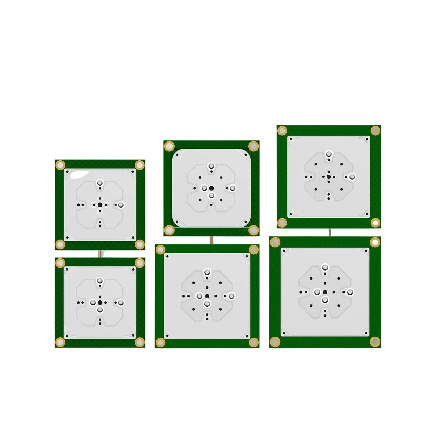 Beitian BT-T413 RTK Multi-Frequency GNSS antenna module size comparison, six PCB antenna variants