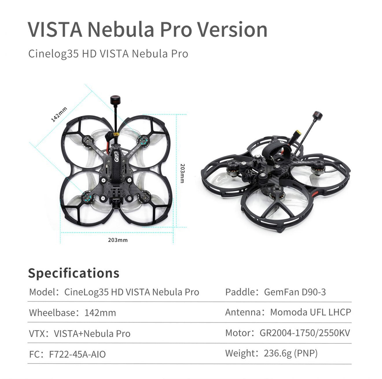 GEPRC CineLog35 FPV Drone - Analog CineWhoop 4S/6S Cinewhoop GR2004-1750KV / 2550KV Motor For RC FPV Quadcopter Freestyle Drone 16 GEPRC CineLog35 FPV Drone, Cinelog35 HD VISTA Nebula Pro Version 1 203mm Specifications Model