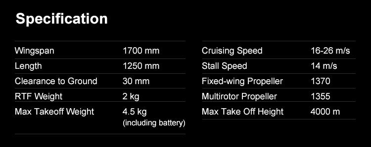 Foxtech Loong 170 VTOL, High-performance RC airplane with 1700mm wingspan, ideal for indoor/outdoor flying.