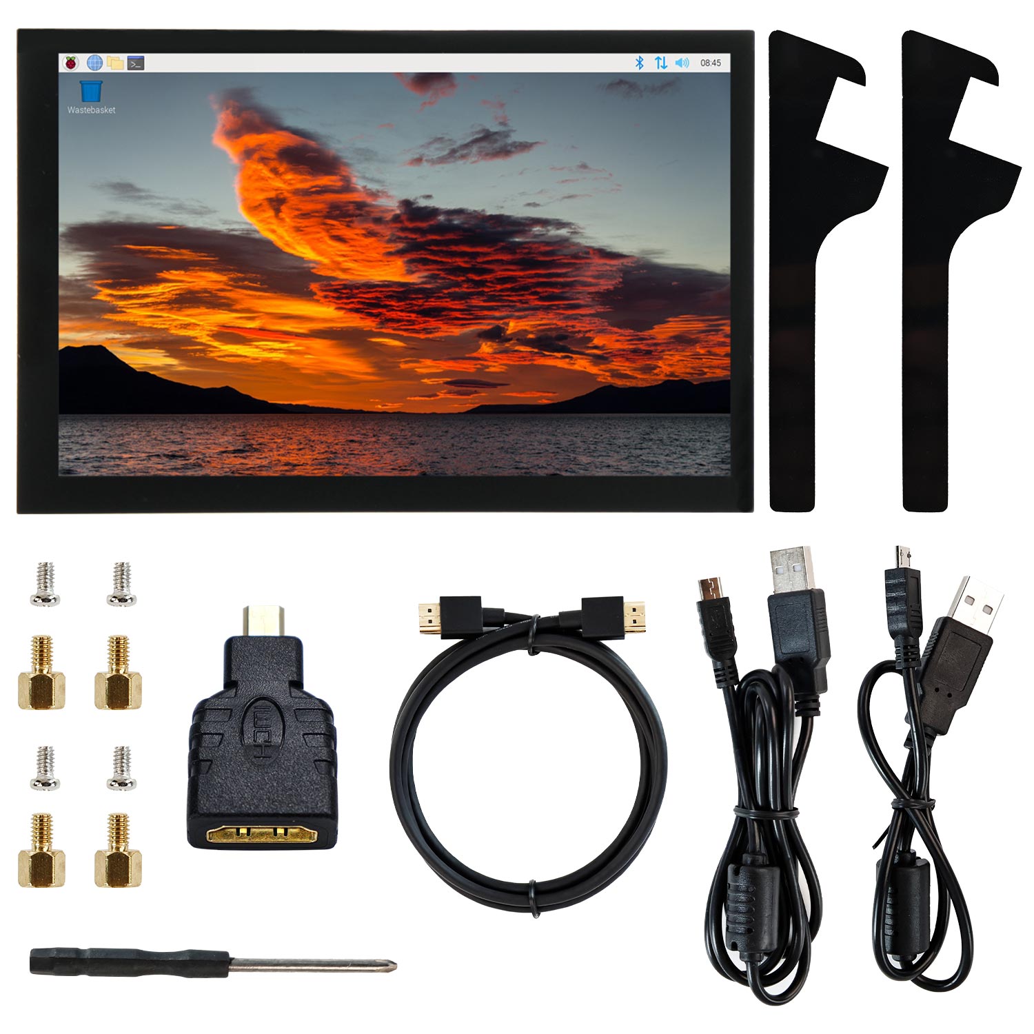 Package contents: 10.1-inch monitor, stands, HDMI adapter, USB cables, screws and screwdriver
