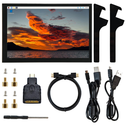 Package contents: 10.1-inch monitor, stands, HDMI adapter, USB cables, screws and screwdriver