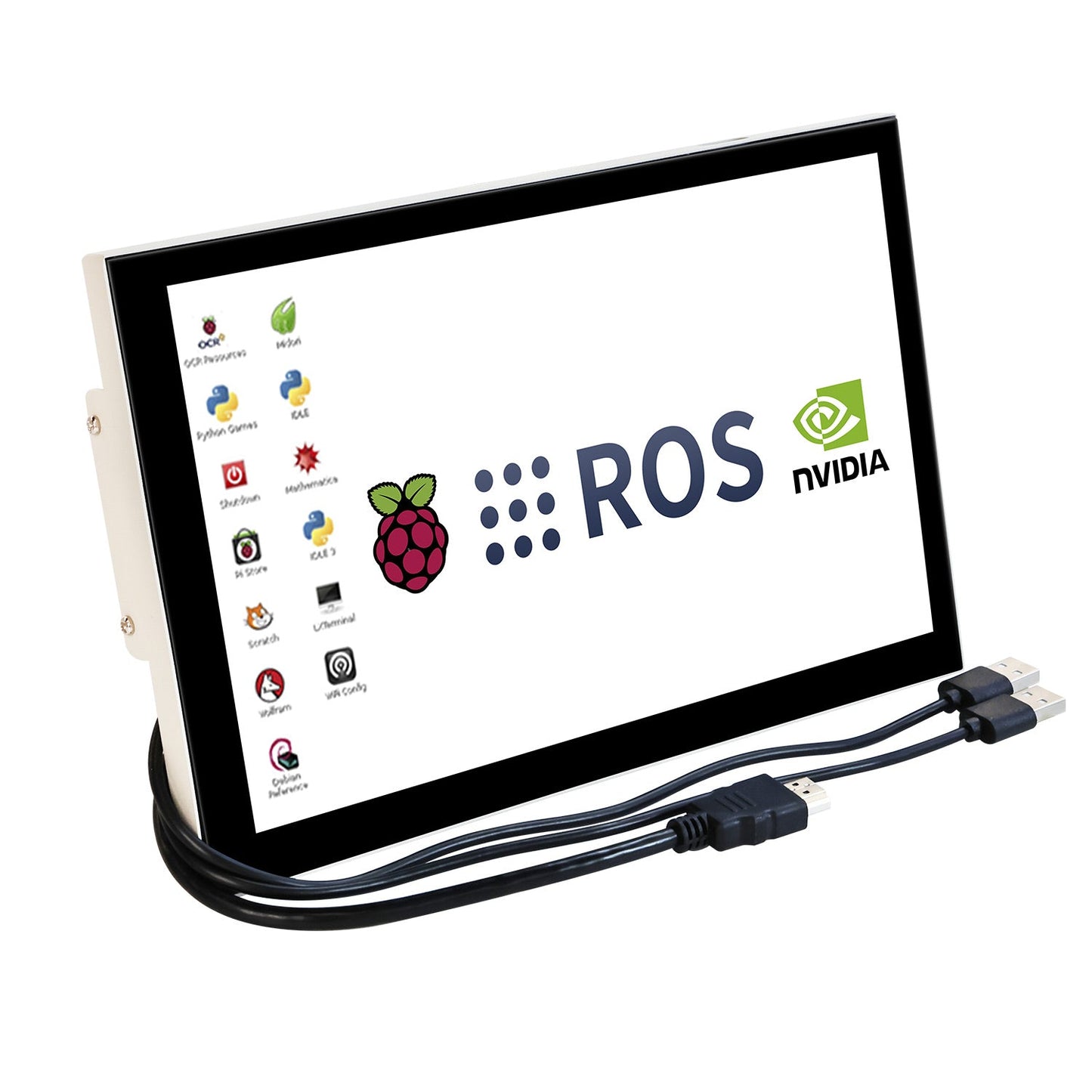 Yahboom 10.1in IPS capacitive touch screen display angled front view with HDMI and USB cables