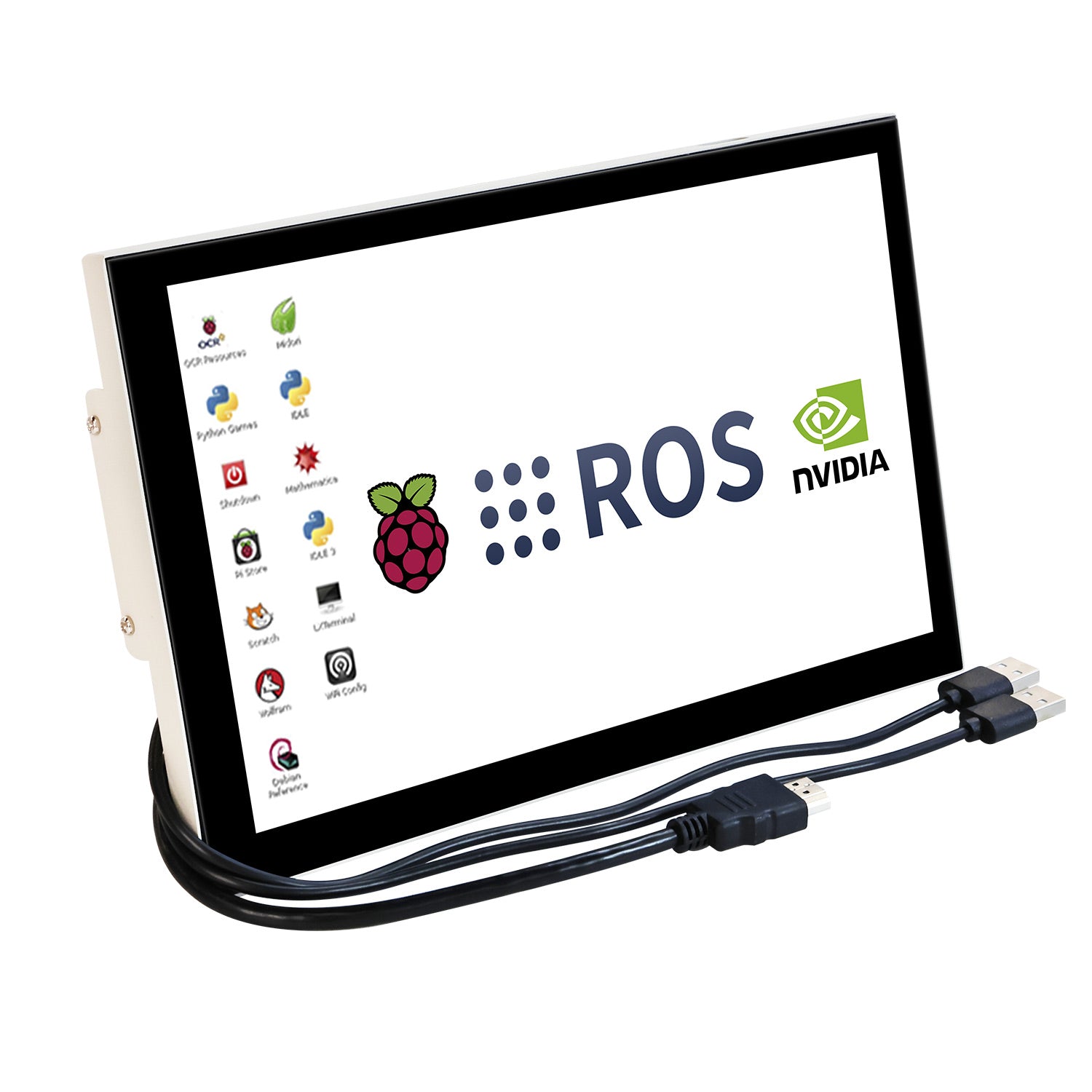 Yahboom 10.1in IPS capacitive touch screen display angled front view with HDMI and USB cables