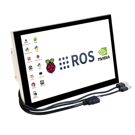 Yahboom 10.1in IPS capacitive touch screen display angled front view with HDMI and USB cables