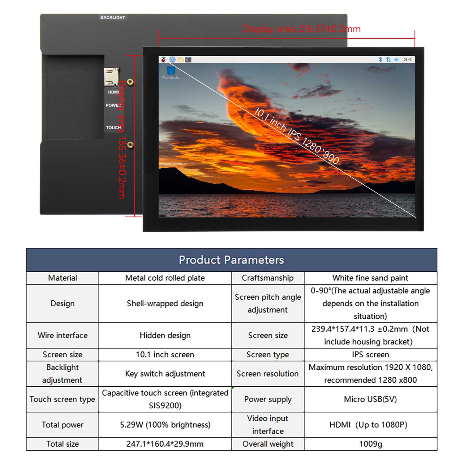 10.1-inch touch screen dimensions and product parameter table with HDMI input and micro USB 5V power