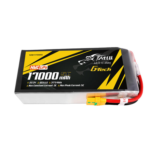 TATTU 6S1P 17000mAh 22.2V LiPo battery with 3C continuous, 5C peak discharge, XT90-S connector, ideal for high-performance drones and RC applications.