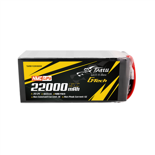 TATTU 6S1P 22000mAh 22.2V 5C NMC LiPo battery with 488.4Wh capacity, 3C continuous/5C peak discharge, G-Tech tech, and XT90S connector.
