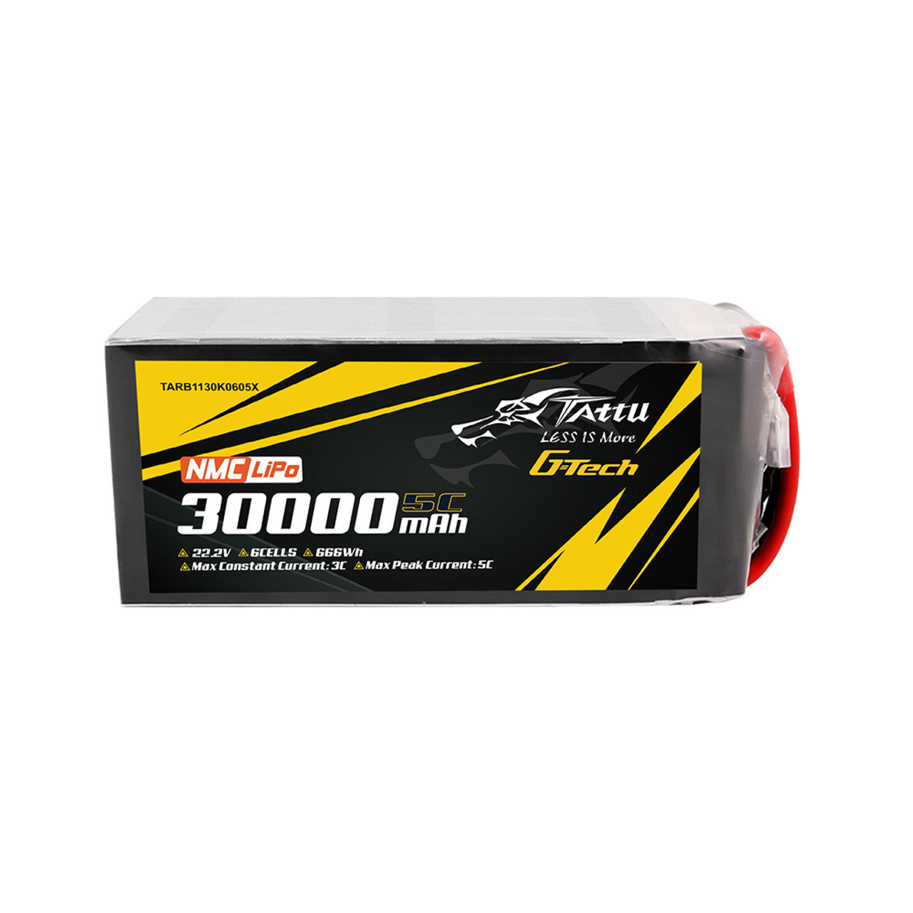 Tattu 30,000mAh 22.2V 6S 5C LiPo battery with G-Tech, XT90-S plug, 666Wh capacity, 3C continuous and 5C peak discharge for high-performance drone use.