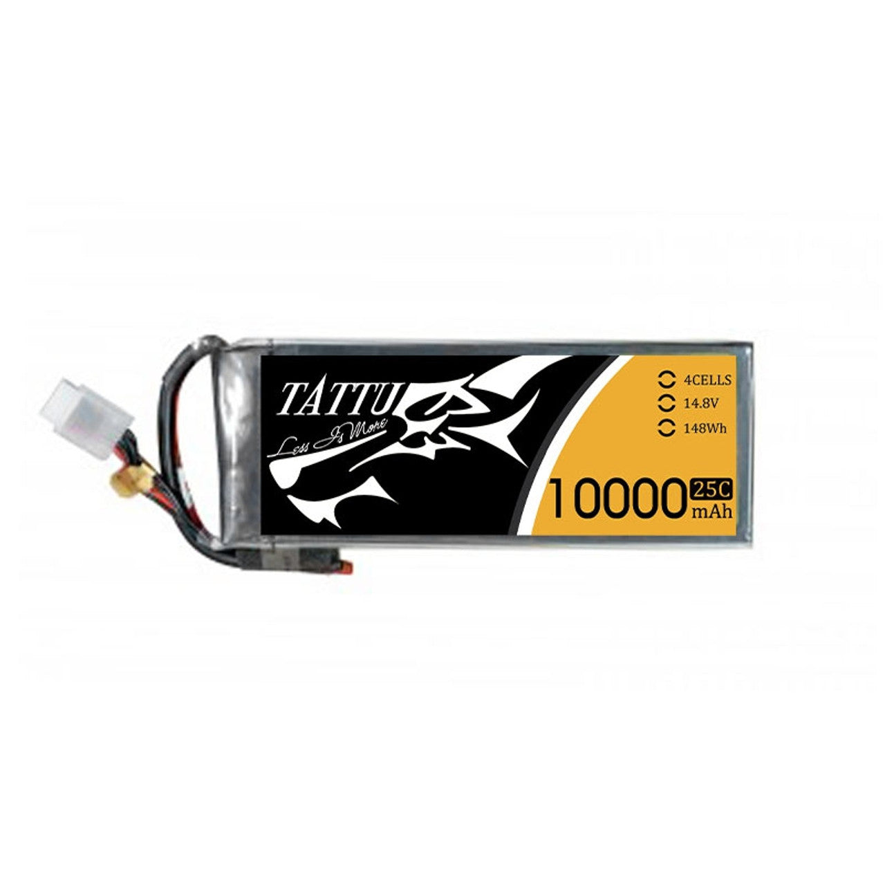 Tattu 4S 10000mAh 14.8V 25C Lipo Battery, Tattu 4S battery pack with 10,000mAh capacity, 14.8V voltage, and 148Wh power.