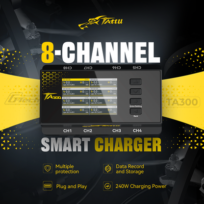 Tattu TA300 8-channel smart battery charger with color display for CH1–CH8 status and control buttons