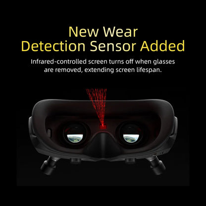 Wear detection sensor feature graphic showing infrared screen auto-off when goggles are removed