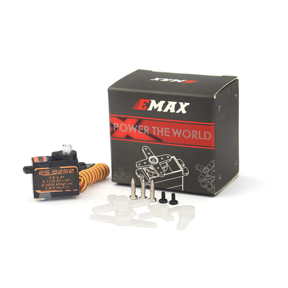EMAX ES9250MD servo package contents with retail box, mounting screws, and plastic servo horns