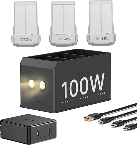 LKTOP 100W Fast Charging Hub for DJI Mini 5 Pro/Mini 4 Pro/Mini 3 Series, 3-Battery Parallel, LED/SOS/Storage