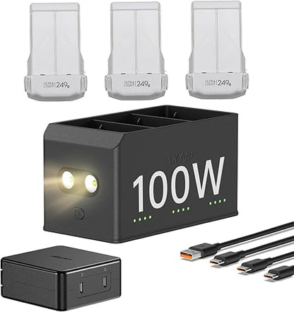 LKTOP 100W Fast Charging Hub for DJI Mini 5 Pro/Mini 4 Pro/Mini 3 Series, 3-Battery Parallel, LED/SOS/Storage