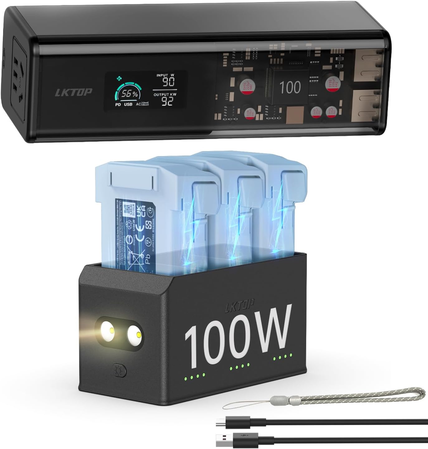 LKTOP 100W Fast Charging Hub for DJI Mini 5 Pro/Mini 4 Pro/Mini 3 Series, 3-Battery Parallel, LED/SOS/Storage