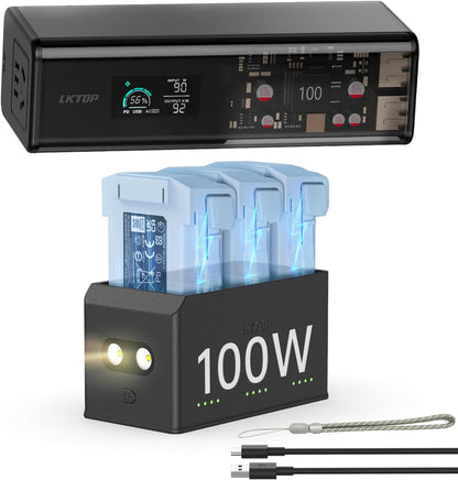 LKTOP 100W Fast Charging Hub for DJI Mini 5 Pro/Mini 4 Pro/Mini 3 Series, 3-Battery Parallel, LED/SOS/Storage