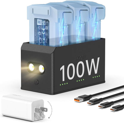 LKTOP 100W Fast Charging Hub for DJI Mini 5 Pro/Mini 4 Pro/Mini 3 Series, 3-Battery Parallel, LED/SOS/Storage