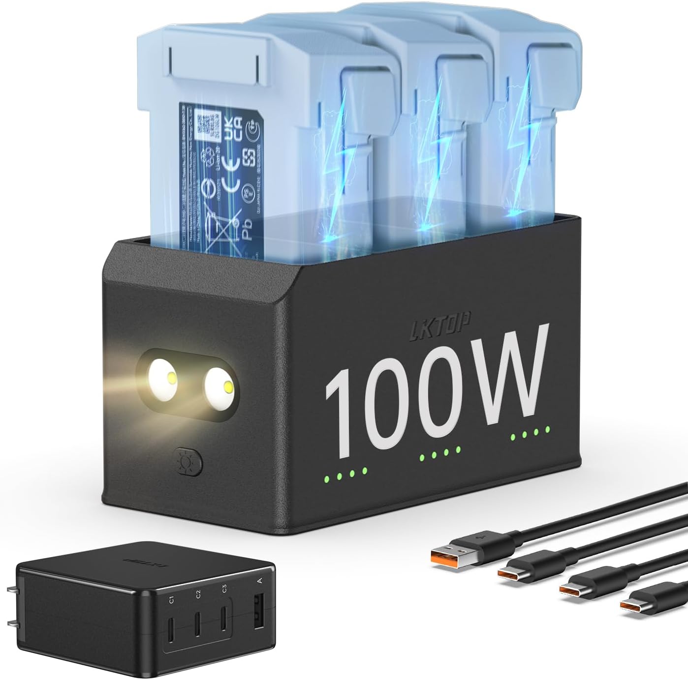 LKTOP 100W Fast Charging Hub for DJI Mini 5 Pro/Mini 4 Pro/Mini 3 Series, 3-Battery Parallel, LED/SOS/Storage