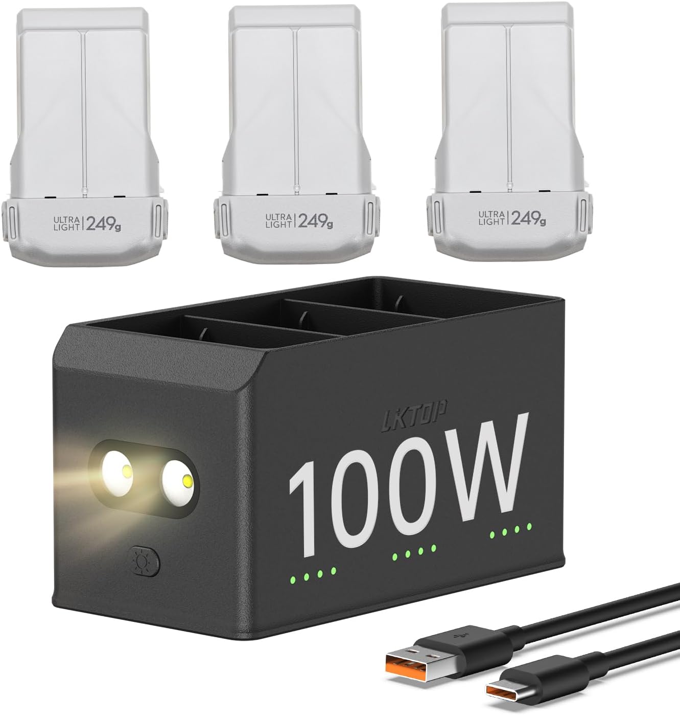 LKTOP 100W hub with three 249g batteries, LED indicators, SOS light, and USB-C cable for DJI Mini drones.
