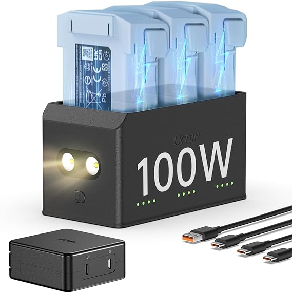 LKTOP 100W Fast Charging Hub for DJI Mini 5 Pro/Mini 4 Pro/Mini 3 Series, 3-Battery Parallel, LED/SOS/Storage