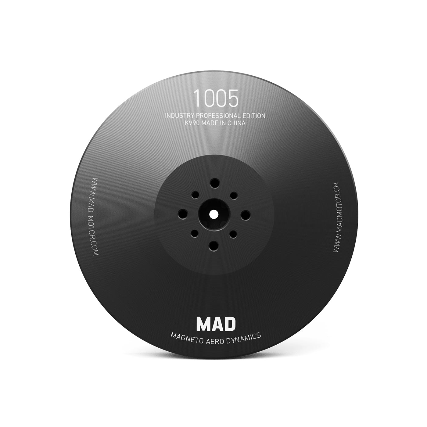 MAD 1005 IPE 90KV Drone Motor, Top view of MAD 1005 90KV drone motor with black round end bell and multiple mounting holes