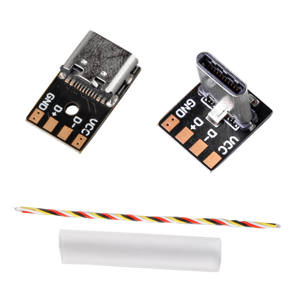 Flywoo Type-C USB adapter boards with USB-C port and labeled GND, D+, D-, VCC solder pads, plus wire and heatshrink