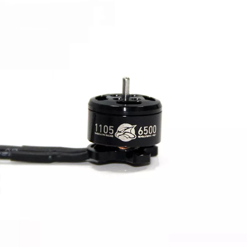 MAD 1105 KV6500 FPV Racing Brushless Drone Motor, MAD 1105 6500KV brushless FPV drone motor with black can, exposed shaft, and wire leads