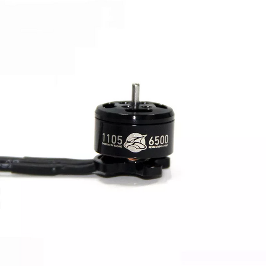 MAD 1105 KV6500 FPV Racing Brushless Drone Motor, MAD 1105 6500KV brushless FPV drone motor with black can, exposed shaft, and wire leads