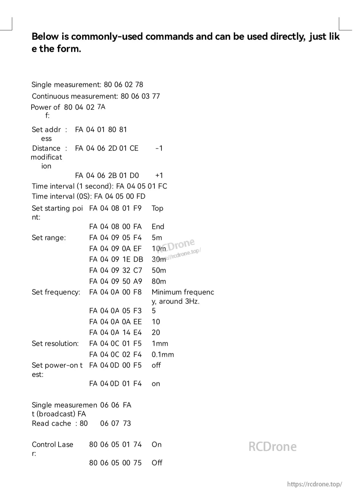 100 m Laser Distance Sensor, Common commands for a 100m laser sensor: measure modes, power, address, range, frequency, resolution, timing, adjustments, tests, broadcast, cache, and laser control. (24 words)