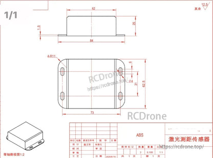100 m Laser Distance Sensor, Infrared LiDAR laser sensor, 100m range, optical-electronic, PLC/MCU compatible, ABS casing, includes detailed dimensions.