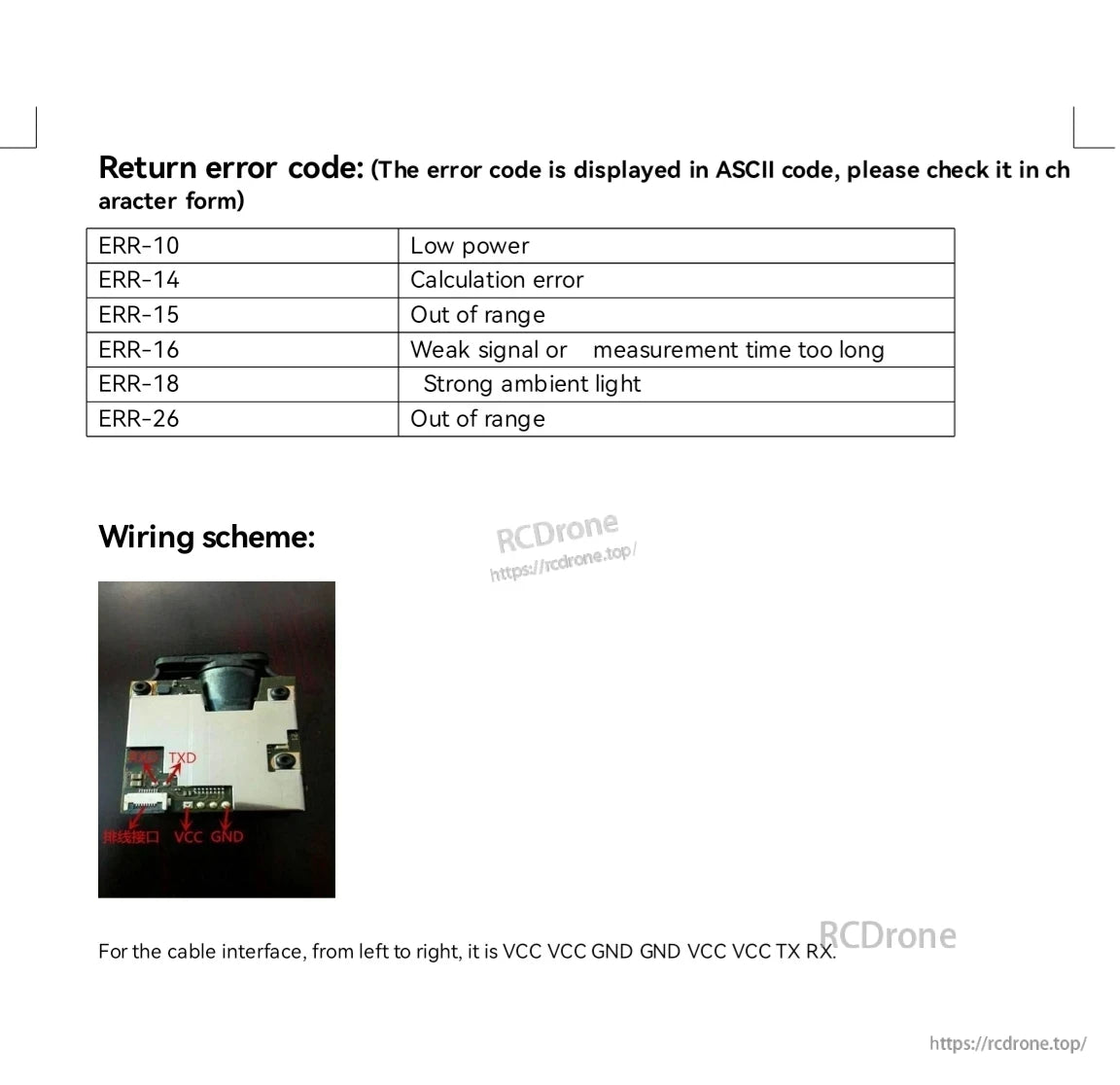 100 m Laser Distance Sensor, Error codes indicate power, signal, range, or light issues. Wiring includes VCC, GND, TXD, RXD; connector pins labeled for power, ground, and serial communication.