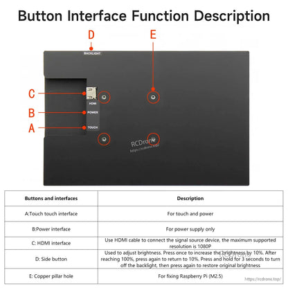 Button and interface diagram showing touch, power, HDMI, backlight control and mounting holes