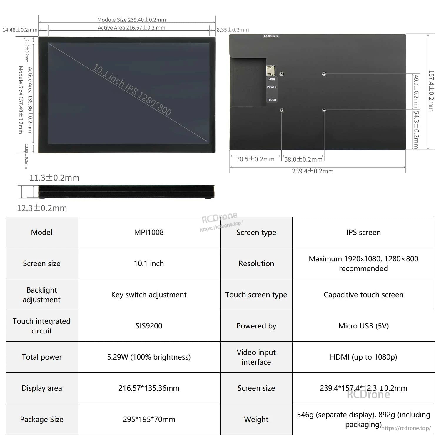 10.1-inch IPS capacitive touch screen dimensions and specification table with resolution and inputs