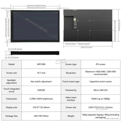 10.1-inch IPS capacitive touch screen dimensions and specification table with resolution and inputs